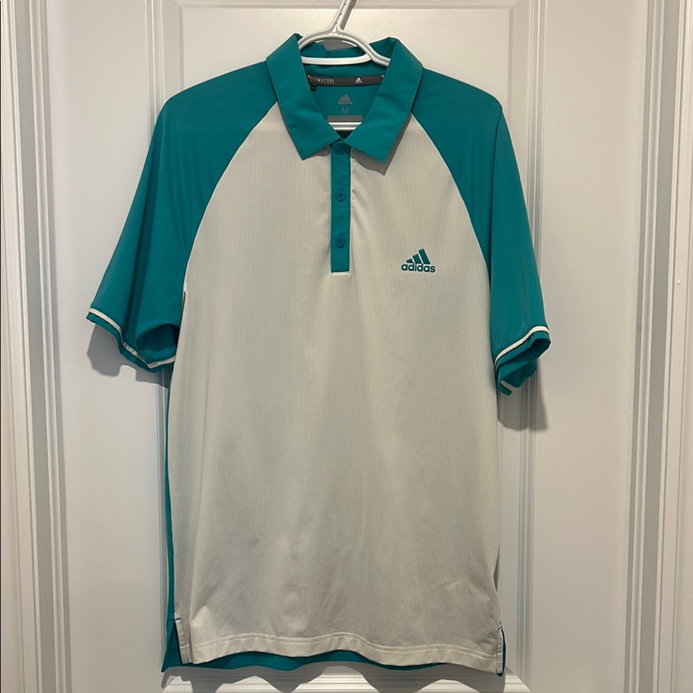 Adidas Men's Teal and White Polo Shirt